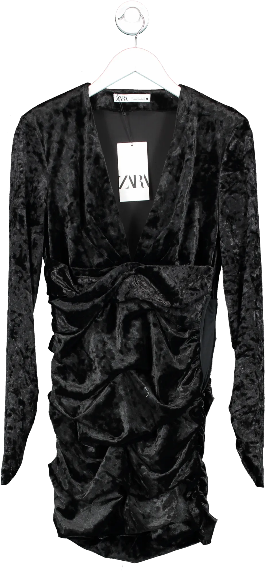 ZARA Black Velvet Long Sleeve, Low Cut Dress UK S